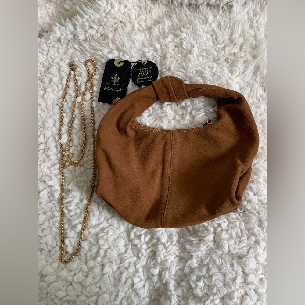 Moda Luxe Small 100% Leather Brown Satchel Bag with Gold Crossbody Chain